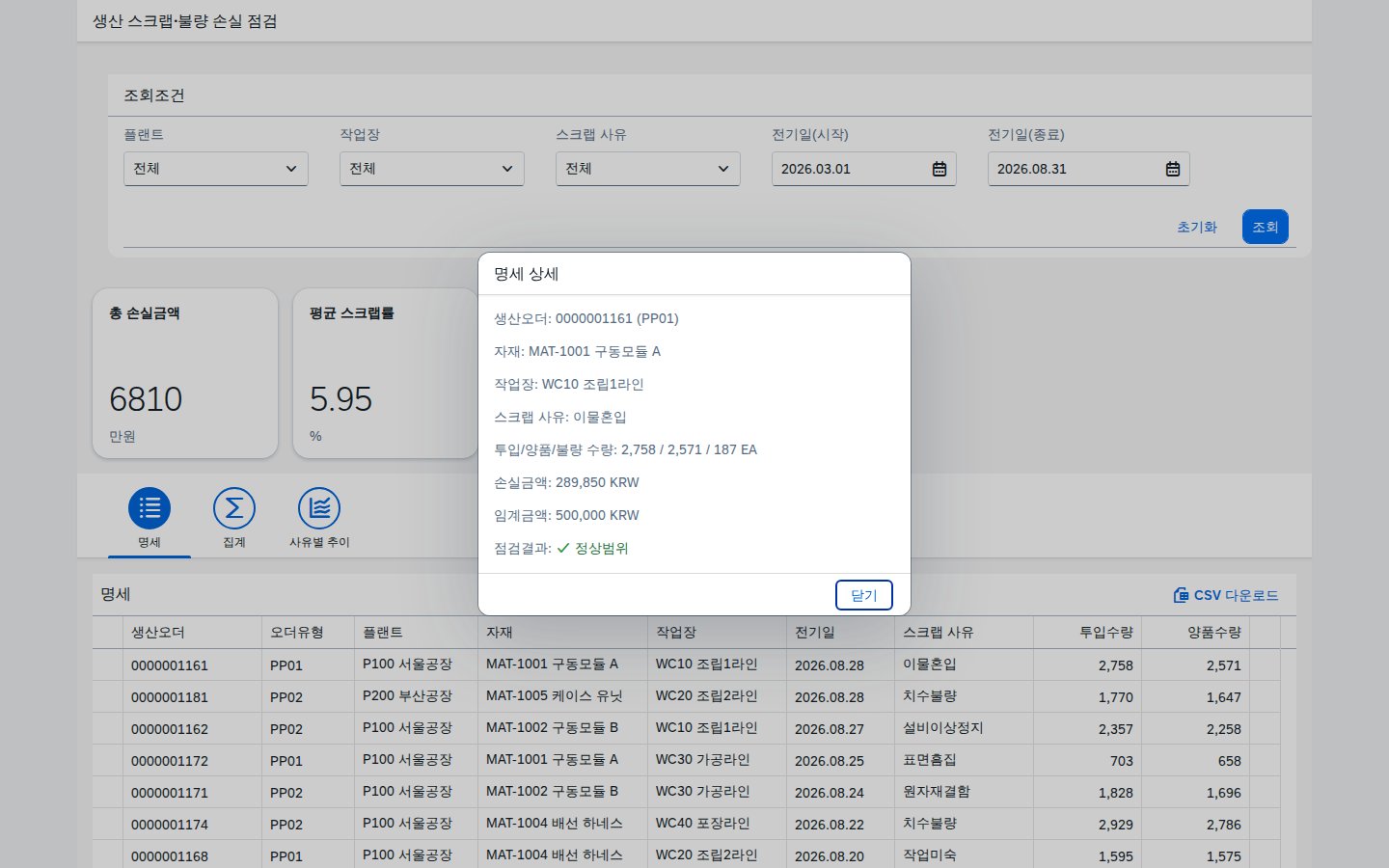 명세 탭 행 클릭 시 열리는 손실 상세 다이얼로그