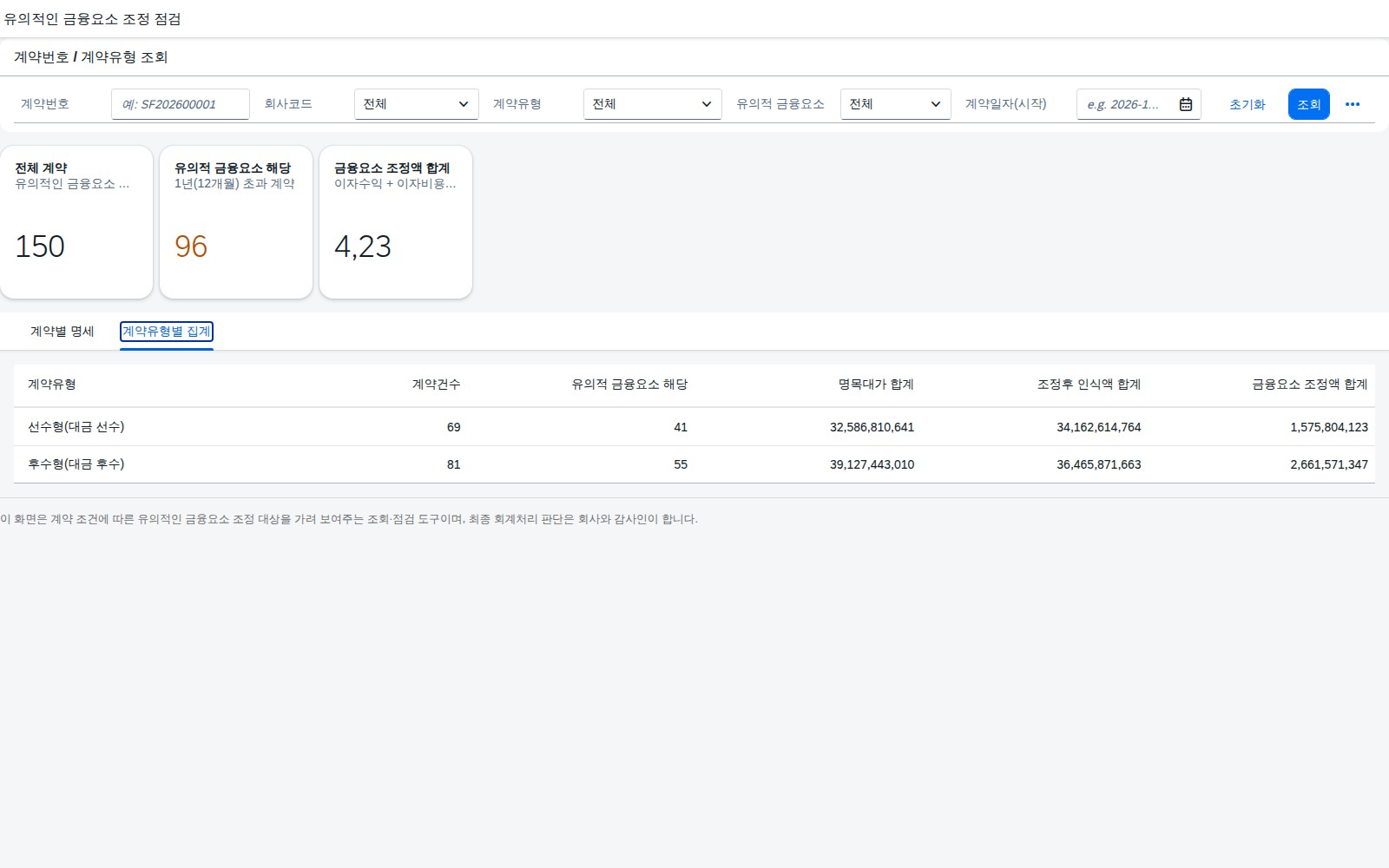 계약유형별 집계 화면
