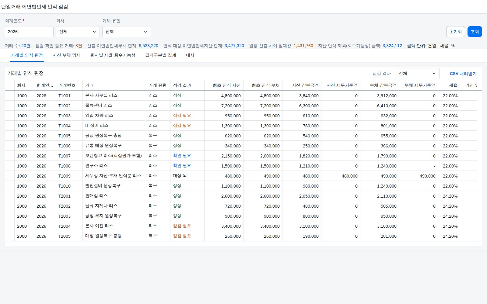 거래별 인식 판정 거래별 인식 판정