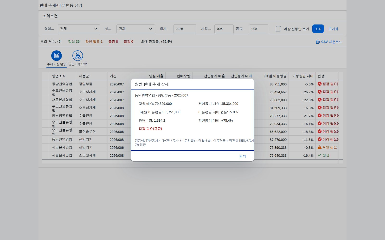 행 클릭 상세 다이얼로그 — 검증식 화면