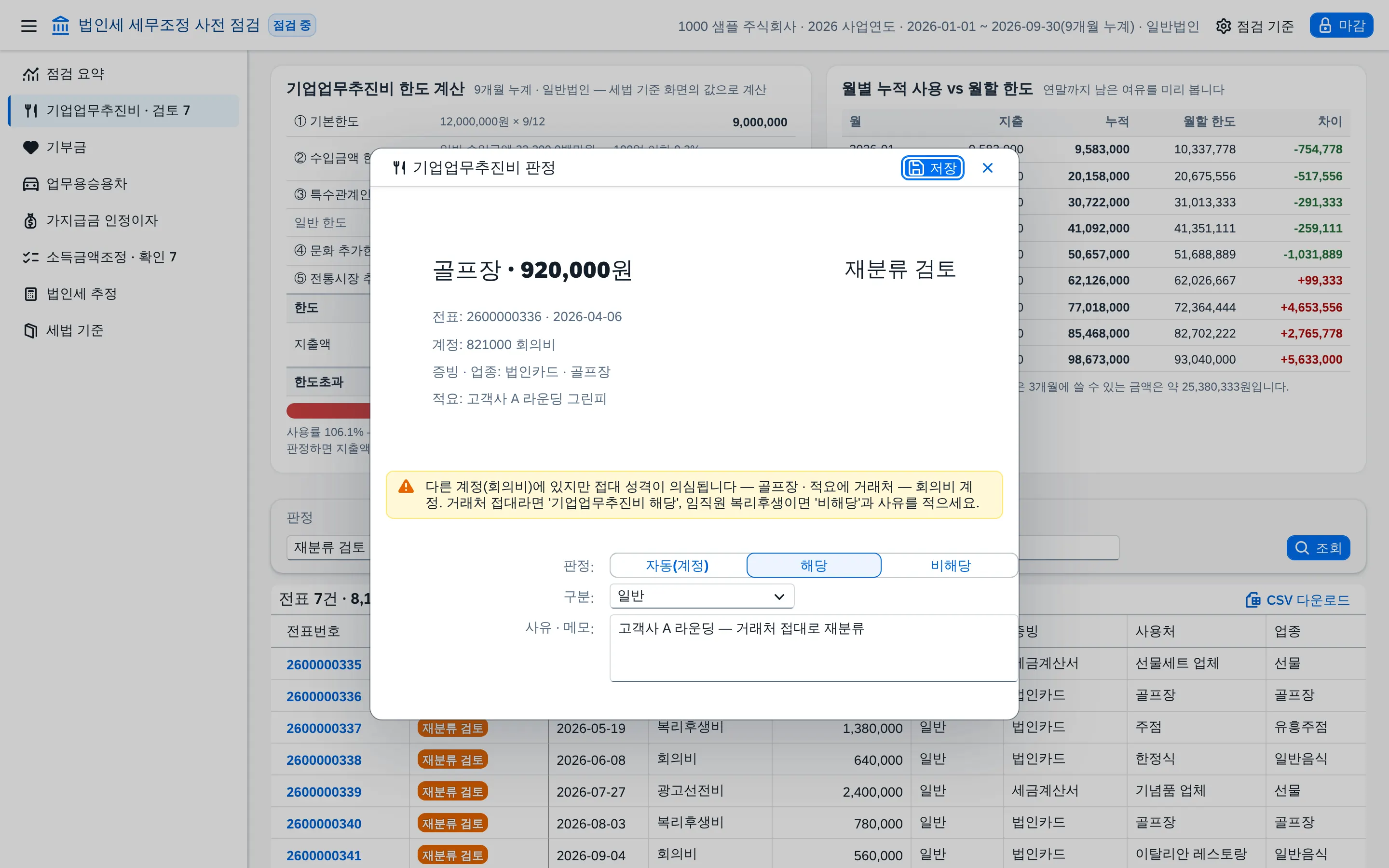 접대 성격 지출 재분류
