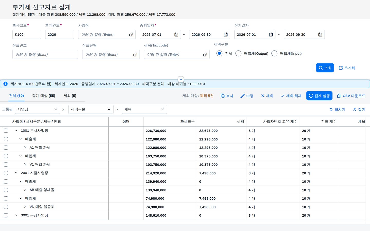 초기 진입 화면 — 사업장 > 세액구분 > 세목 트리 집계