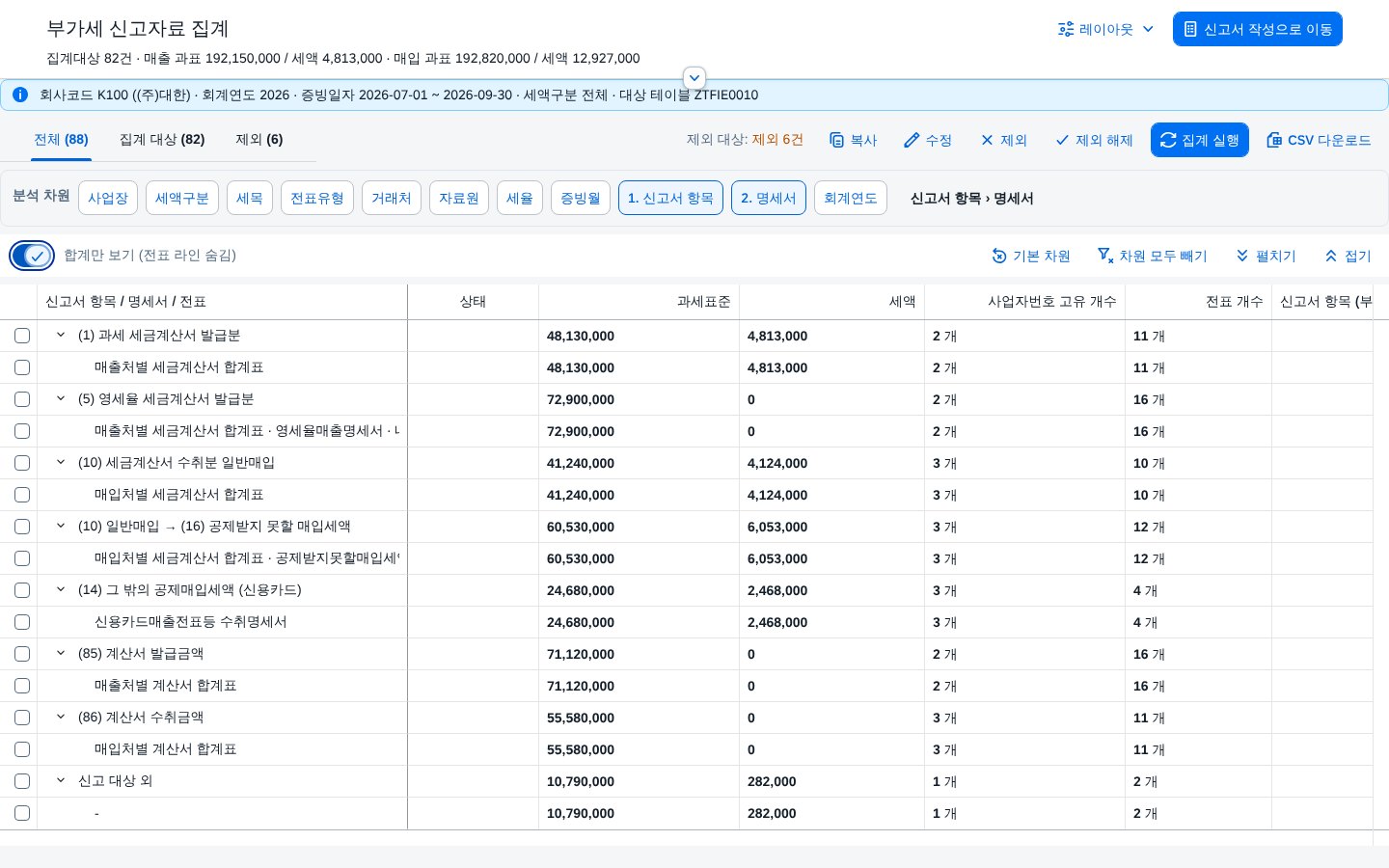 부가세 신고자료 집계 — 신고서 항목 · 명세서 차원