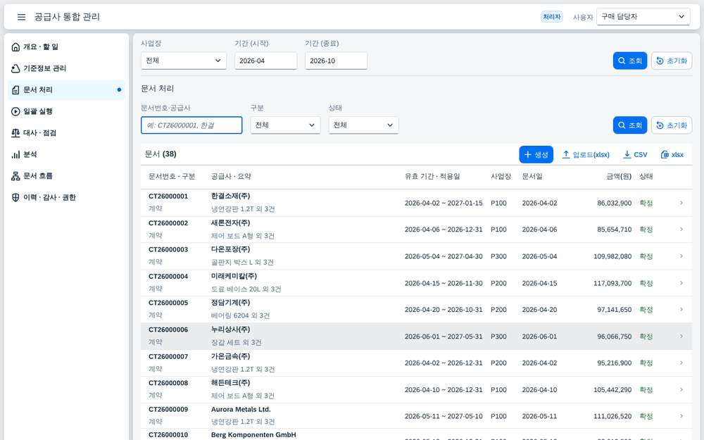 문서 처리 — 등록·평가·계약·단가 개정 문서 목록