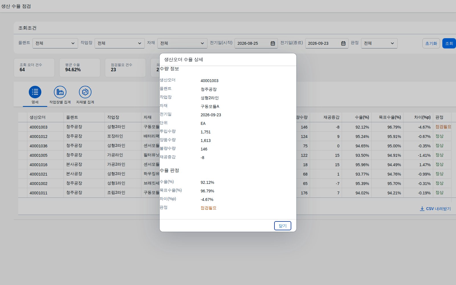 명세 탭 행 클릭 시 열리는 생산오더 수율 상세 다이얼로그