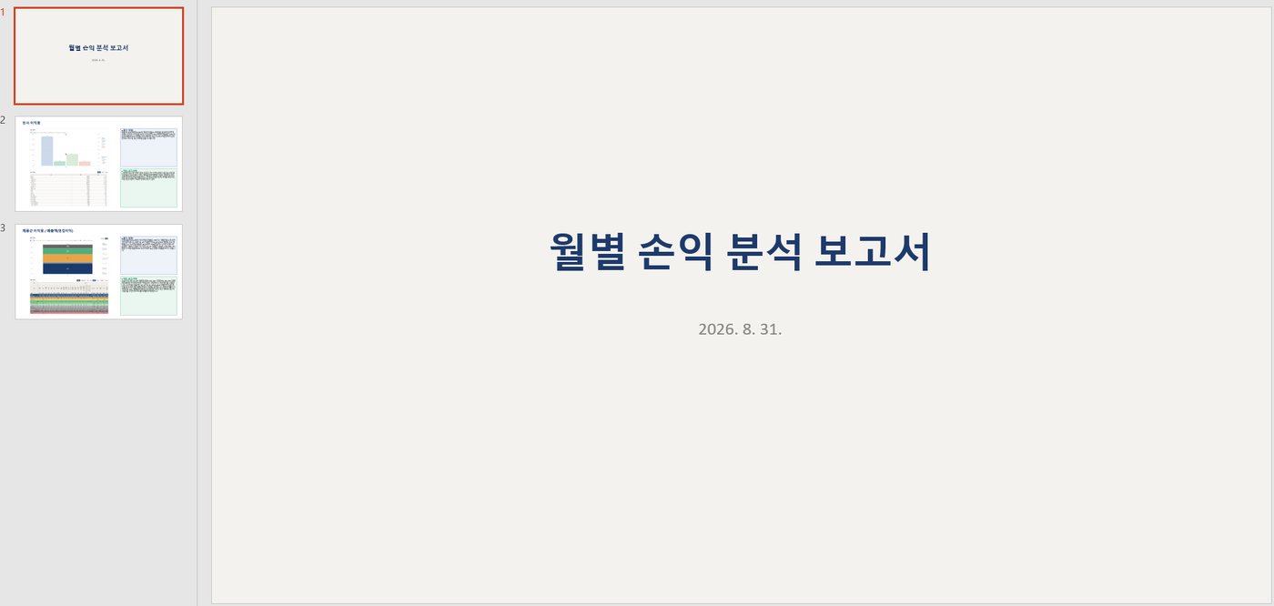 수익성 분석 - 월별 손익 분석 보고서 PPT 자동 생성 화면